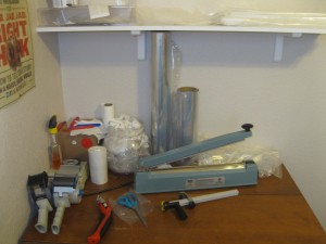 This is what my work & shipping station looks like at the end of the day. Click on the image for a close up.